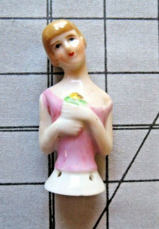 German Pin Cushion Doll Half Doll Antique Vtg Flapper W/ Flower 3.  5 "