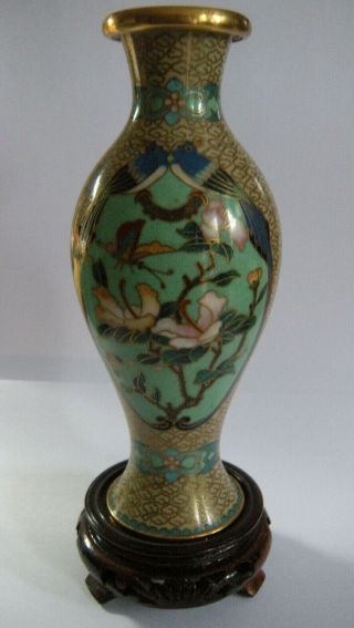 Vintage Chinese Cloisonne Vase With Wood Stand,  Birds,  Butterflies And Flowers