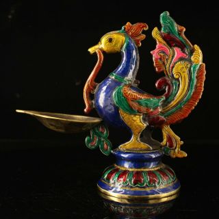 Old Handmade Statue Peacock Copper Cloisonne Coloured Drawing Candlestick F02a