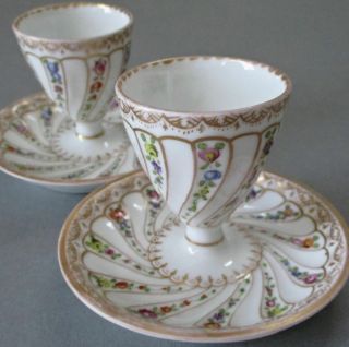 2 Antique Dresden Hp Porcelain Footed Egg Cups Flowers W Gilt Trim Wolfsohn