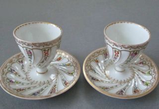 2 Antique DRESDEN HP Porcelain Footed EGG CUPS FLOWERS w Gilt Trim WOLFSOHN 2
