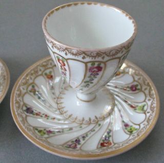 2 Antique DRESDEN HP Porcelain Footed EGG CUPS FLOWERS w Gilt Trim WOLFSOHN 3