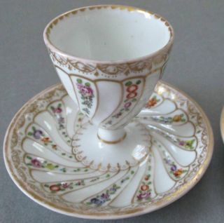 2 Antique DRESDEN HP Porcelain Footed EGG CUPS FLOWERS w Gilt Trim WOLFSOHN 4