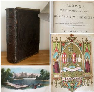 C1850 Antique Large Old John Brown Family Holy Bible Illustrated Leather