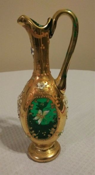 Antique Miniature Moser/signed Royo Gold & Green Pitcher/vase With Butterflies