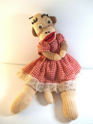 17 " Very Old Sock Monkey Doll Gingham Dress Vintage Handmade Primitive Toy Prim