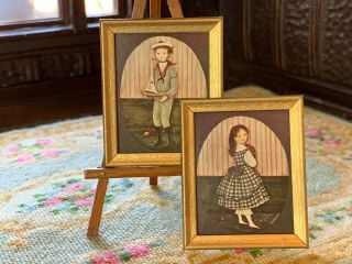 Vintage Miniature Dollhouse Artisan Framed Primitive Children Portrait Prints