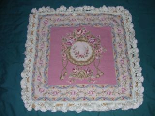159a Vintage Antique Wool Petit Point Needlepoint Pillow Cover Pink Roses