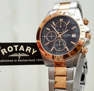 100 Rotary Mens Watch Chronograph Two Tone Bracelet Rrp £189 Boxed (r67