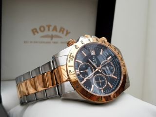 100 ROTARY Mens Watch Chronograph Two tone bracelet RRP £189 Boxed (r67 5