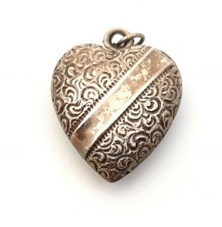 Rare Antique Victorian Sterling Silver Lrg.  Puffy Heart Repousse Scrolled Charm