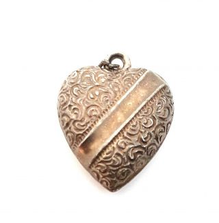 RARE Antique Victorian Sterling Silver Lrg.  Puffy Heart Repousse Scrolled Charm 2