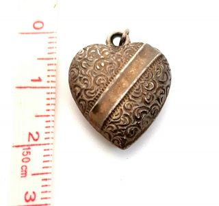 RARE Antique Victorian Sterling Silver Lrg.  Puffy Heart Repousse Scrolled Charm 4