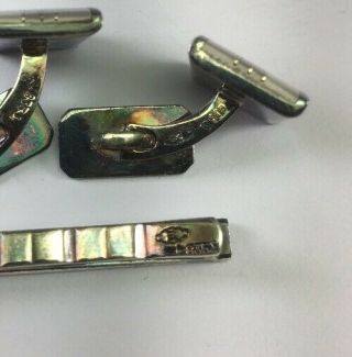 Vintage European 835 Sterling Silver & Pearl Inlay Cufflinks & Tie Clip Set C115 4