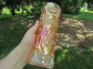 Brockwitz Rose Garden Antique Carnival Glass 9 1/4 " Cylindrical Vase Marigold