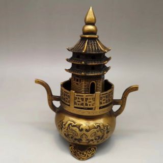 Chinese Old Brass Fortune Lucky Pagoda Incense Burner Statue Rn