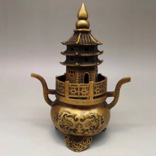 Chinese Old Brass Fortune Lucky Pagoda Incense Burner statue RN 2