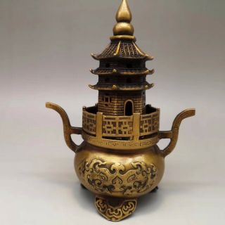 Chinese Old Brass Fortune Lucky Pagoda Incense Burner statue RN 3