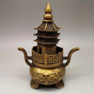 Chinese Old Brass Fortune Lucky Pagoda Incense Burner statue RN 4