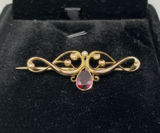 Antique Art Nouveau 9ct Gold Brooch With Amethyst & Seed Pearl