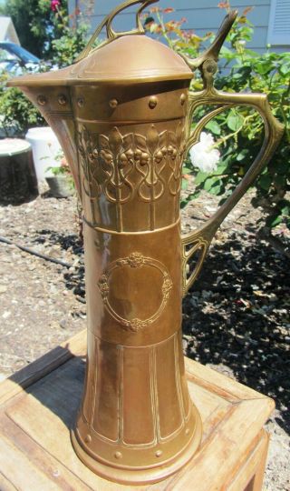 Massive Antique Art Nouveau Secessionist Wmf Copper & Brass Wine Pitcher Jug