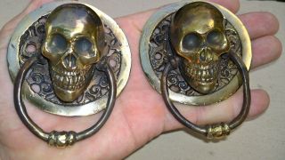 2 Skull Head Ring Pull Handle Solid Brass 3.  1/2 " Day Of The Dead Cabinet Door B