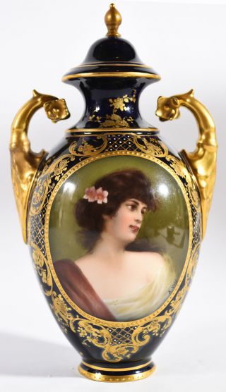 Antique Royal Vienna Cobalt Porcelain Covered Urn W/ Hand Painted Portrait Lady