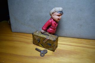 Antique Celluloid Boy Walker With Tin Suitcase Wind Up W/key Made In Japan