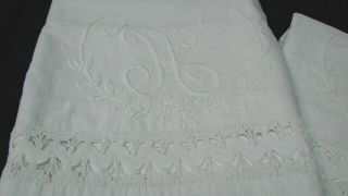 Antique Victorian Pair Satin Embroidered Monogram H White Cotton Pillowcases