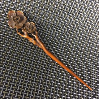 Rare Collectible Boxwood Handwork Plum Blossom Japanese Netsuke Antique Hairpin
