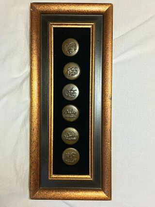 Antique Set Of 6 Different Brass Picture Buttons With Hunt Scenes - Nicely Framed