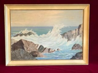 Antique Signed Listed Calif Artist Fredrick A.  Blatz Ocean Oil Painting On Board