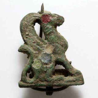 Rare - Roman Bronze Enamel Griffin Fibula Brooch Ca 300 Ad
