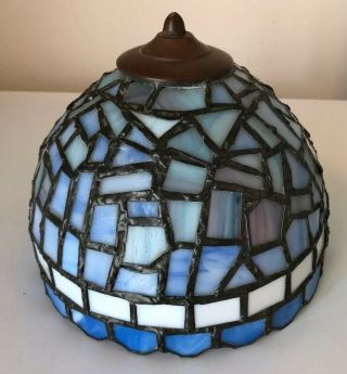 Antique Vintage Blue Leaded Stained Slag Art Glass Lamp Shade Tiffany Style