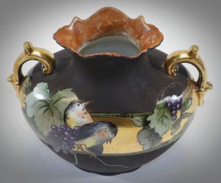 Antique Signed Studio Hand Painted Art Pottery Vase Birds Grape Vine 5