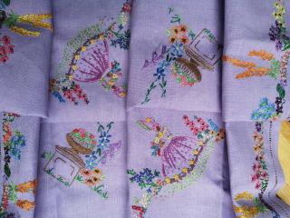 VINTAGE HAND EMBROIDERED CRINOLINE LADY LADIES FLORAL LILAC LINEN TABLECLOTH 2