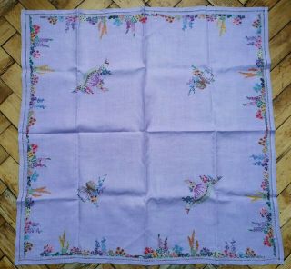 VINTAGE HAND EMBROIDERED CRINOLINE LADY LADIES FLORAL LILAC LINEN TABLECLOTH 3