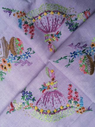 VINTAGE HAND EMBROIDERED CRINOLINE LADY LADIES FLORAL LILAC LINEN TABLECLOTH 4