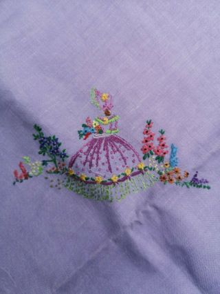 VINTAGE HAND EMBROIDERED CRINOLINE LADY LADIES FLORAL LILAC LINEN TABLECLOTH 5