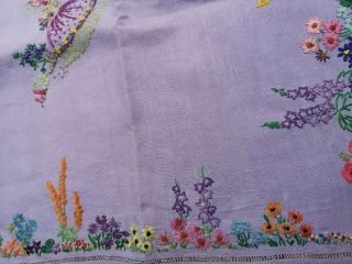 VINTAGE HAND EMBROIDERED CRINOLINE LADY LADIES FLORAL LILAC LINEN TABLECLOTH 6