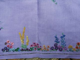 VINTAGE HAND EMBROIDERED CRINOLINE LADY LADIES FLORAL LILAC LINEN TABLECLOTH 7