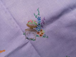 VINTAGE HAND EMBROIDERED CRINOLINE LADY LADIES FLORAL LILAC LINEN TABLECLOTH 8