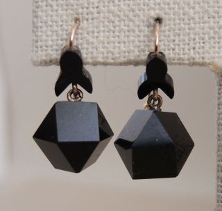 Antique Victorian Faceted Onyx Earrings 14k Gold Carved Mourning Jewelry 19th - C