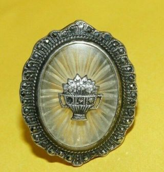 Antique Art Nouveau Deco Sterling Silver Camphor Glass Marcasite Ring Size 5.  25