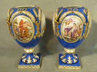 Pair 10 " Antique Dresden Porcelain Hand Painted Urns Vases - Cherubs