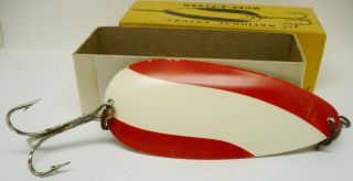 Vintage Fishing Lure,  National Expert " Musk - E - Flash " Spoon,  No 6 Red White W/box