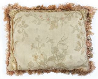 Antique Early 19th C French Aubusson Tapestry Fragment Pillow W Antique Fringe