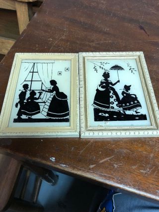 Vintage Reverse Painted Framed Glass Silhouette Picture Victorian Pair