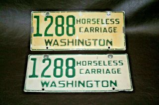 Pair Antique Washington State Horseless Carriage License Plates W/ Mount Spring