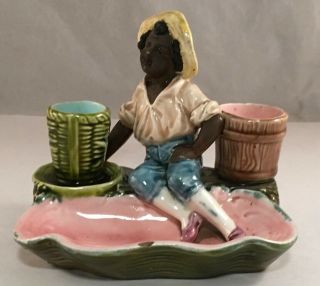Antique German Majolica Black Americana Figural Match Holder Smoke Stand